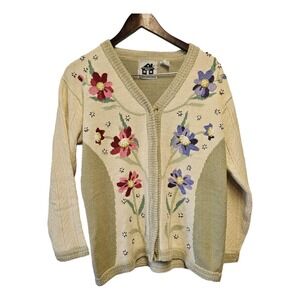 Storybook Knits 3D Flower Cardigan Sweater  Spring Blossom MEDIUM Hidden Buttons
